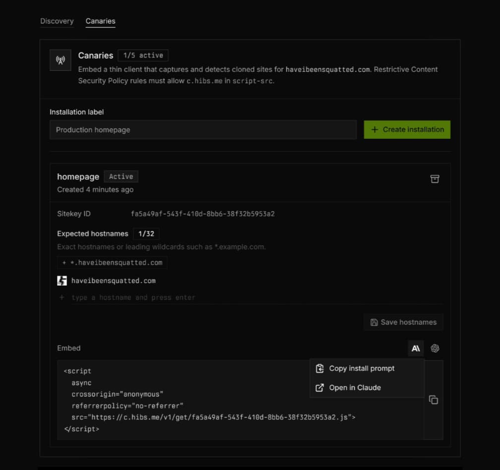 Site Canaries settings panel showing an active deployment, recognized hostnames, and the embed script to copy