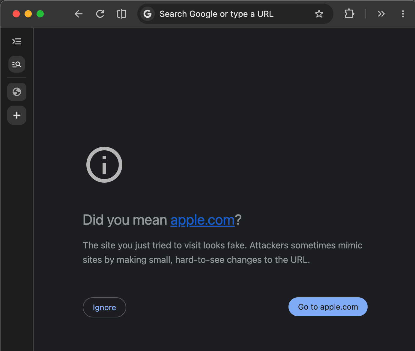 Chrome full-page lookalike warning asking Did you mean apple.com, with Ignore and Go to apple.com buttons