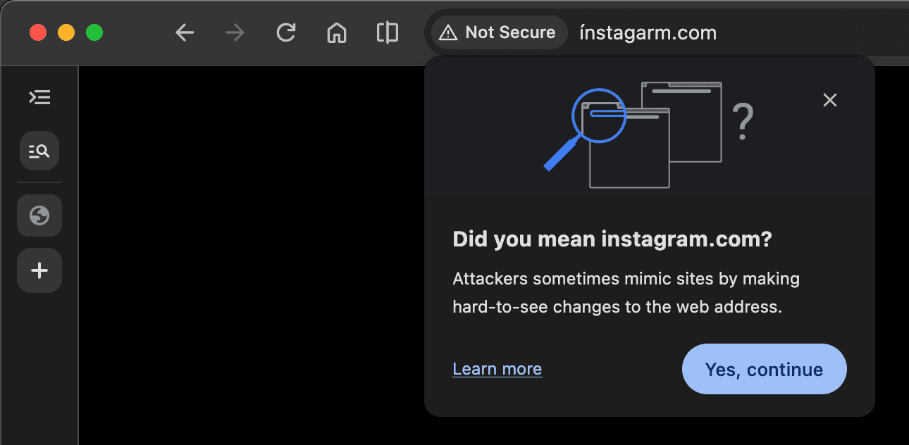 Chrome Safety Tip bubble on ínstagarm.com asking Did you mean instagram.com, with a Yes, continue button