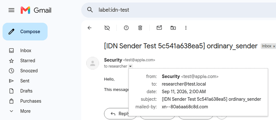 Gmail showing test@аррӏө.com in Unicode in the expanded From details, with mailed-by showing xn--80a6aa68c8d.com