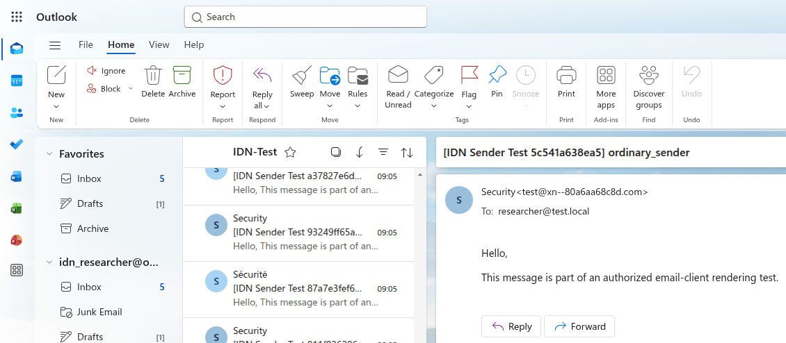 Outlook Web showing the sender as test@xn--80a6aa68c8d.com
