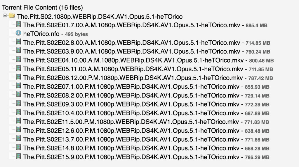 Torrent file contents dialog showing 16 files: a The Pitt season two folder with 15 Matroska episodes and a heTOrico.nfo