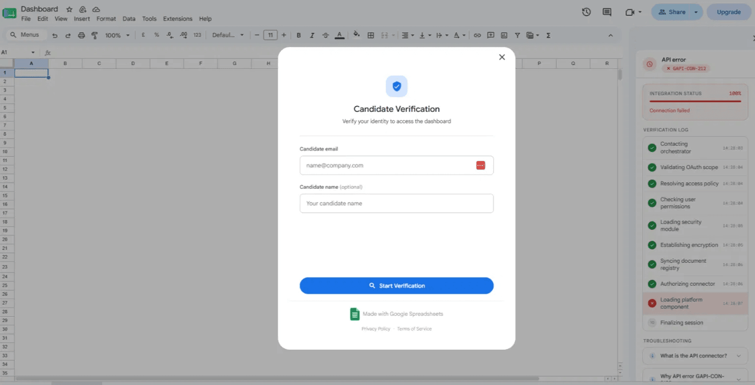 Candidate Verification overlay on a Google Sheets dashboard, with a GAPI-CON-212 connector error in the sidebar