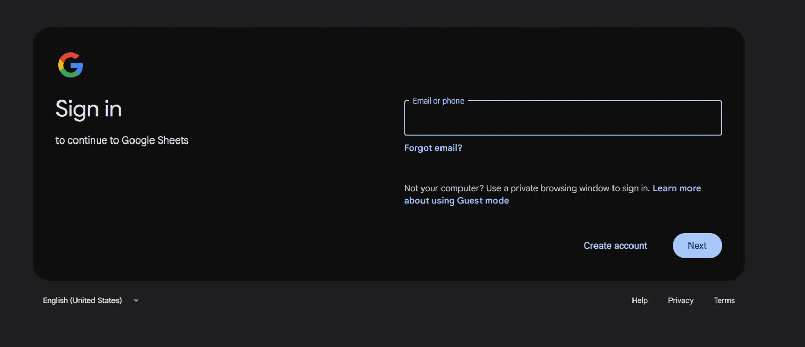 Google sign-in page prompting the visitor to continue to Google Sheets