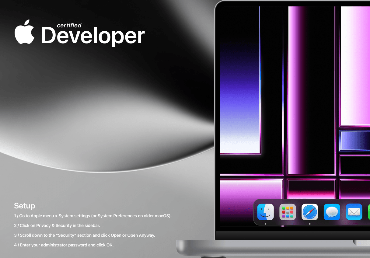 Malicious DMG background claiming an Apple certified developer and instructing the user to bypass Gatekeeper