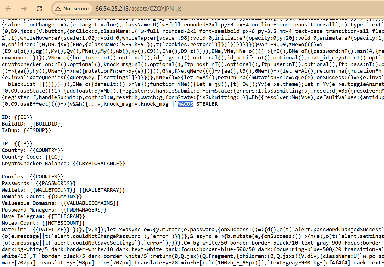 Exposed Odyssey panel client-side source showing the MACOS STEALER template