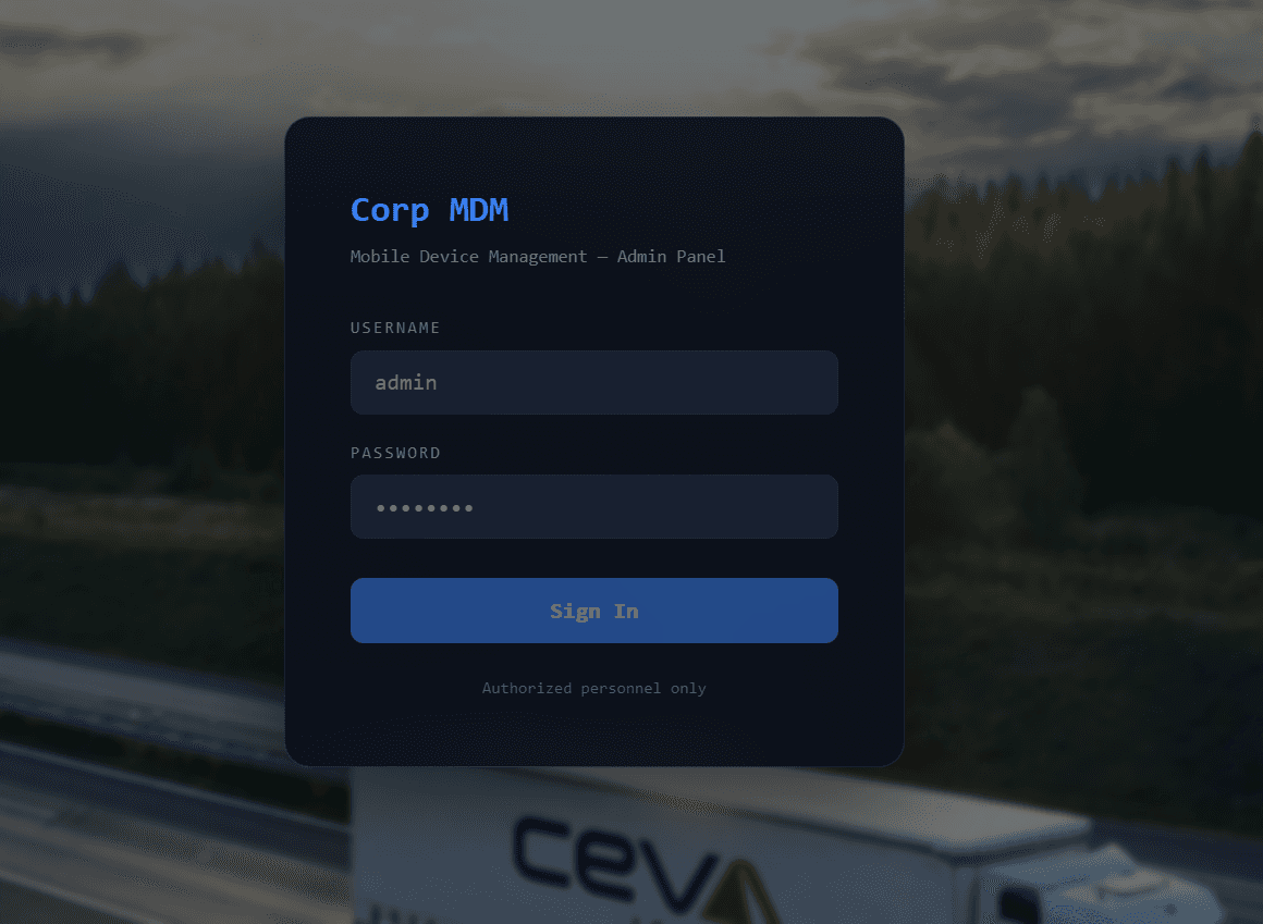 Corp MDM admin panel login page with username and password fields over a CEVA logistics background