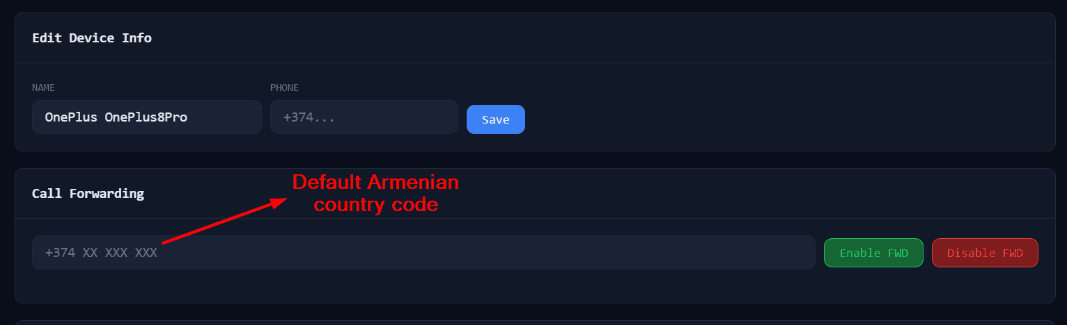 Corp MDM operator panel showing an Armenian country code in the device phone and call-forwarding fields