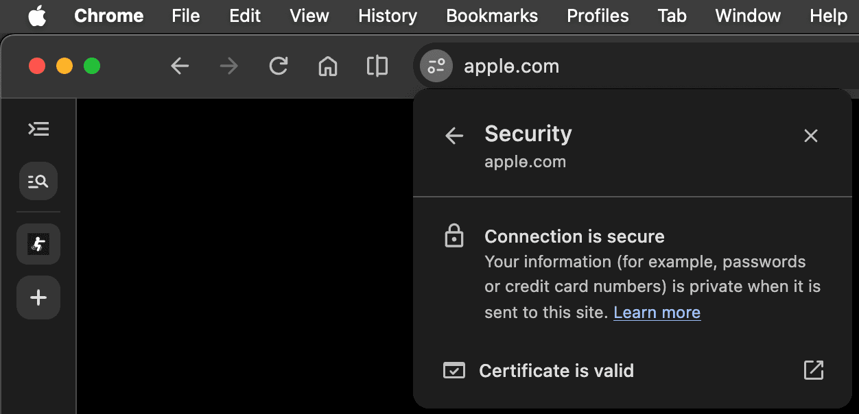 Chrome on macOS showing аррӏө.com in Unicode in the address bar, with the security panel reporting Connection is secure and Certificate is valid