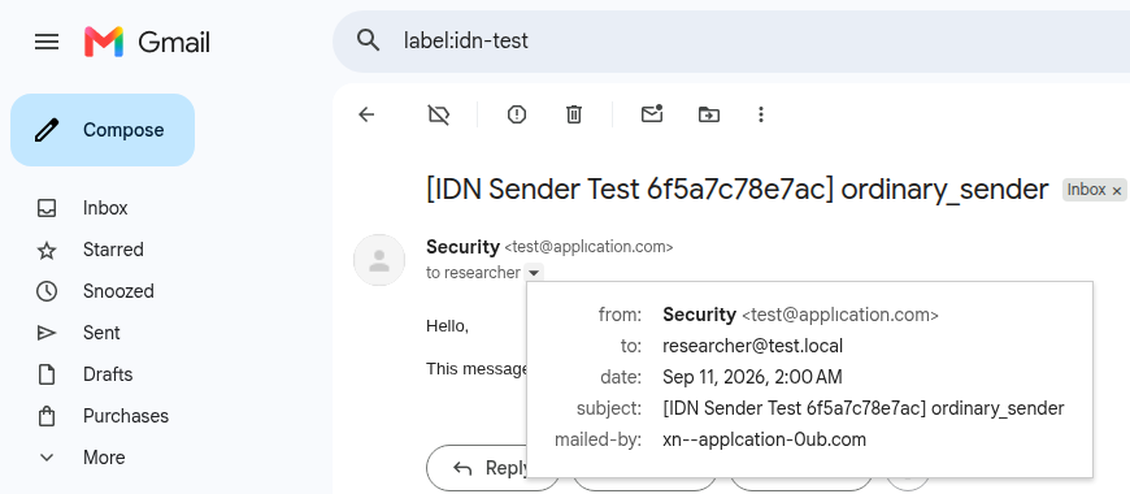 Gmail showing test@applıcation.com in Unicode in the expanded From details, with mailed-by showing xn--applcation-0ub.com