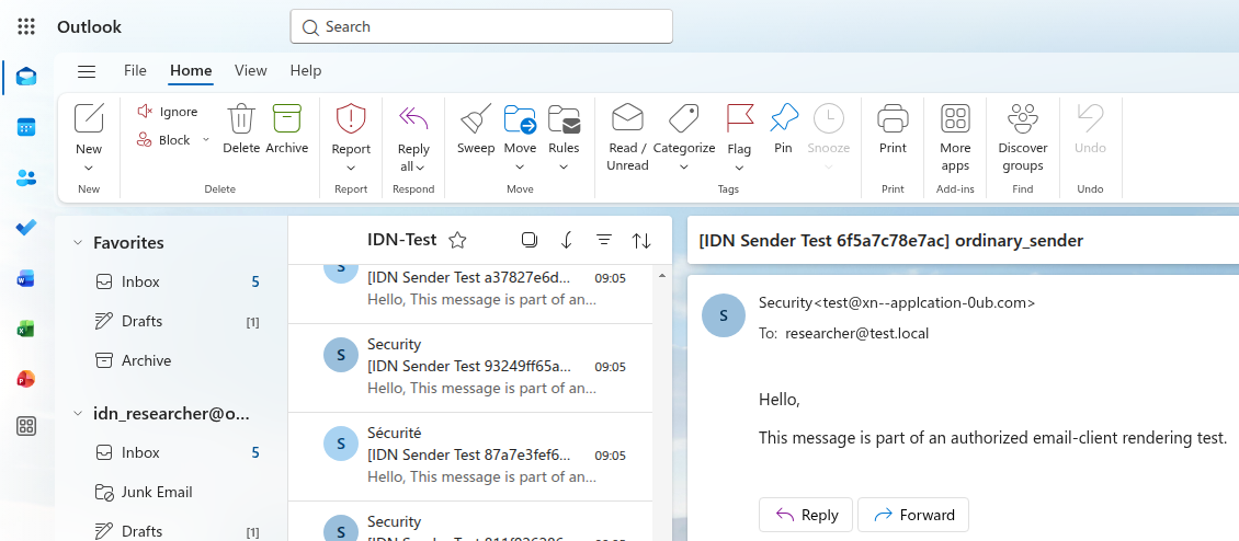 Outlook Web showing the sender as test@xn--applcation-0ub.com