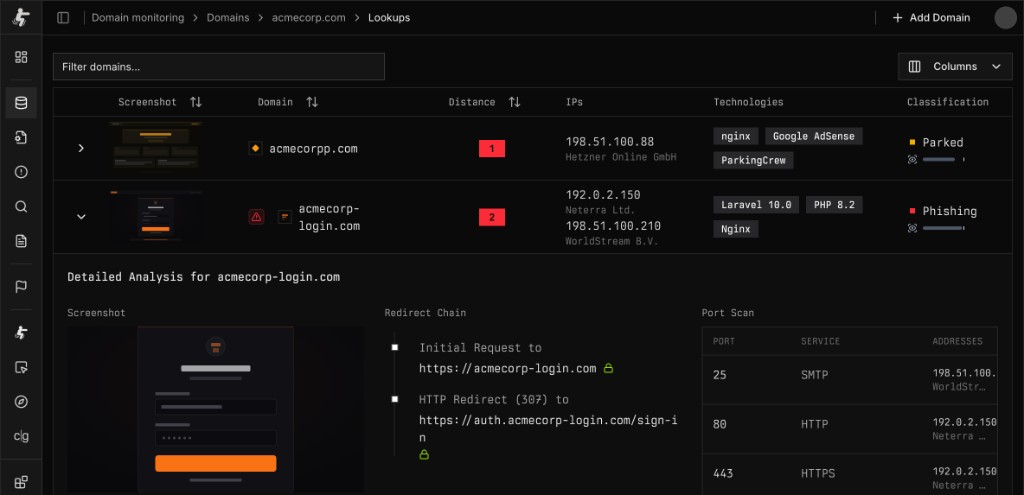 Squat lookup and domain monitoring interface